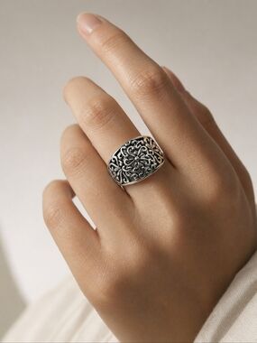 Sterling Silver 925 Floral Filigree Ring Wide Band Vintage Style